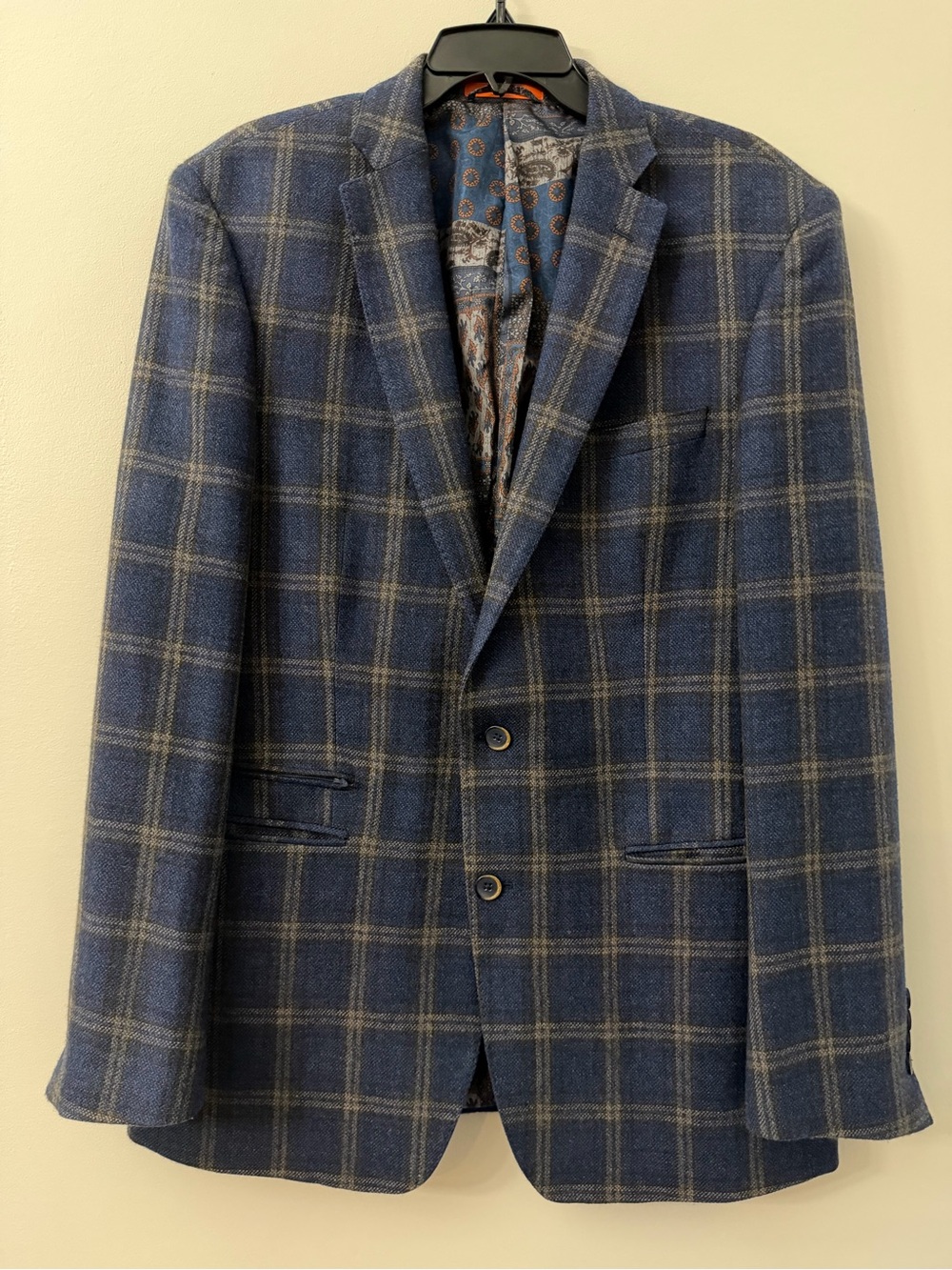Tallia Mens Plaid Blazer Sport Coat  Blue 100% Wool Floral Lining 44L